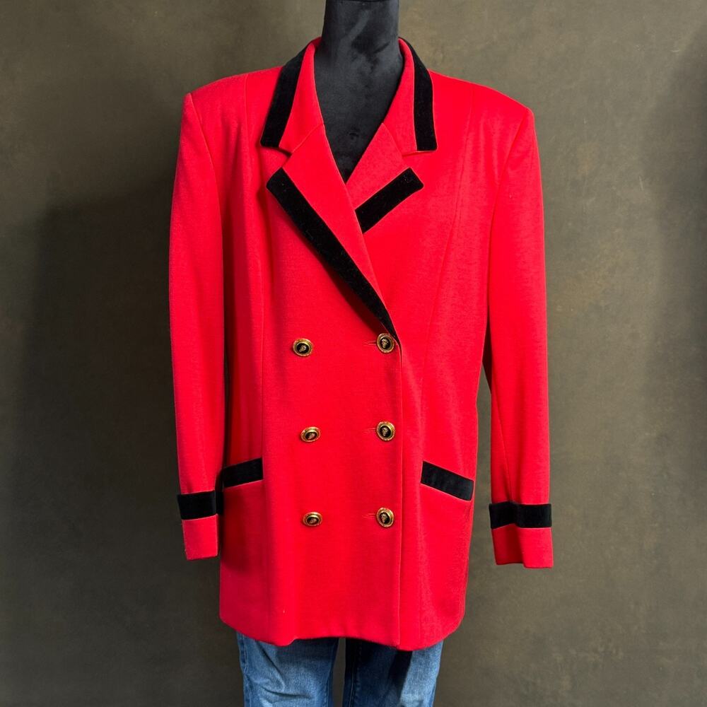 Vtg. Oleg Cassini Women's 10 (M) Red Wool Blazer Coat, Satin Lined, Black Velvet